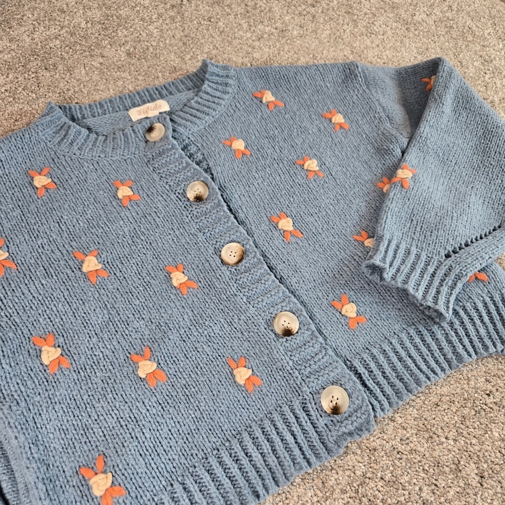 Listicle Blue Button Front Cardigan Swetter Floral Pockets Women's Small